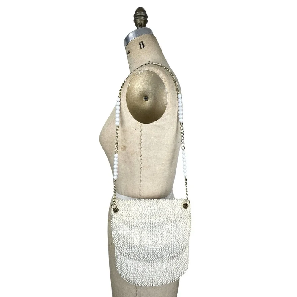 VTG‎ Beaded Purse Ivory Gold Shoulder Chain Evening Retro Elegant Formal 50s 60s